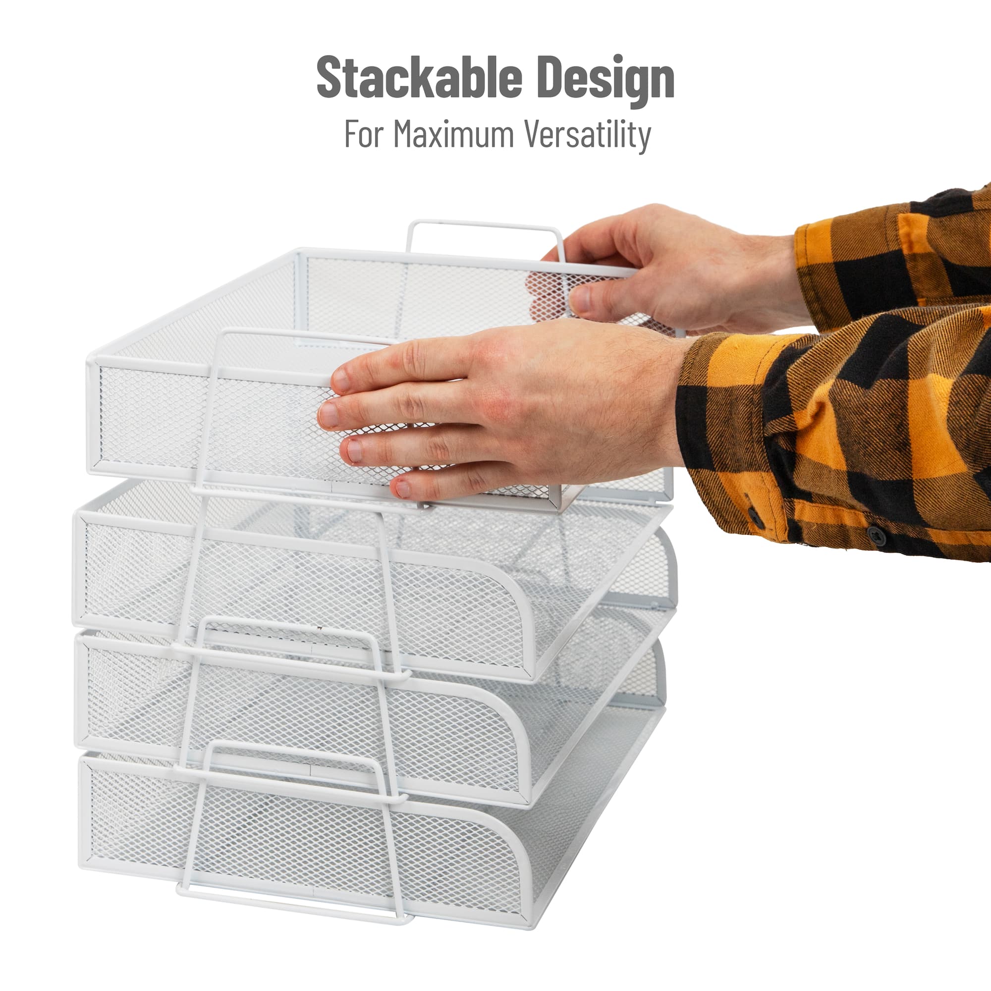 Mind Reader Stackable Paper Tray, Desktop Organizer, File Storage, Office, Metal Mesh, 13.25"L x 9.75"W x 11.5"H, 4 Pcs., White